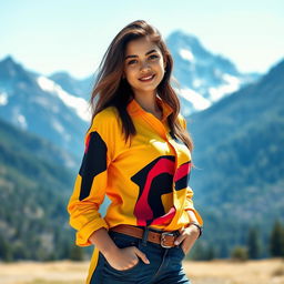 A stylish young woman posing outdoors, wearing a brightly colored shirt with a modern design, in front of majestic mountains in the background