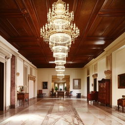 A spacious, elegant hall with high ceilings, ornate chandeliers, antique wooden furniture, and polished marble floors reflecting softer light.