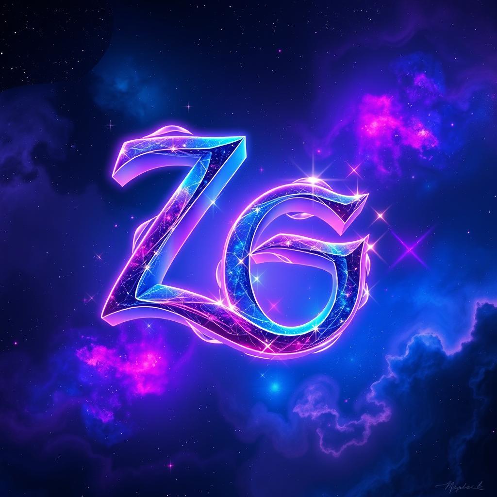 The letter 'ZG' artistically designed and intertwined in a cosmic theme, surrounded by vibrant colors of space including deep blues, vivid purples, and radiant pinks