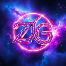 The letter 'ZG' artistically designed and intertwined in a cosmic theme, surrounded by vibrant colors of space including deep blues, vivid purples, and radiant pinks
