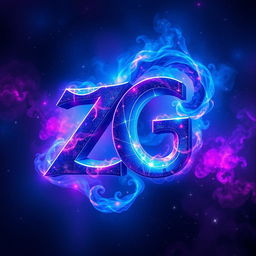 The letter 'ZG' artistically designed and intertwined in a cosmic theme, surrounded by vibrant colors of space including deep blues, vivid purples, and radiant pinks
