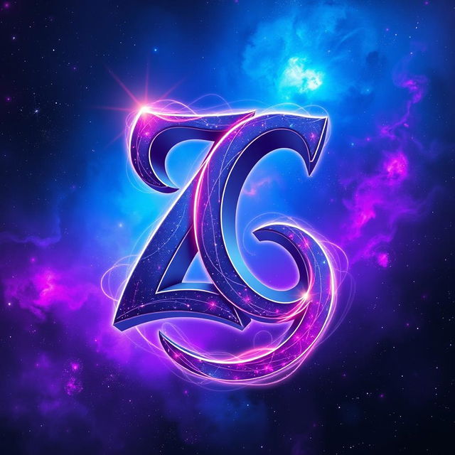 The letter 'ZG' artistically designed and intertwined in a cosmic theme, surrounded by vibrant colors of space including deep blues, vivid purples, and radiant pinks