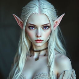 A beautiful elf with pale, almost translucent white skin, showcasing a delicate and fine face