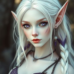 A beautiful elf with pale, almost translucent white skin, showcasing a delicate and fine face