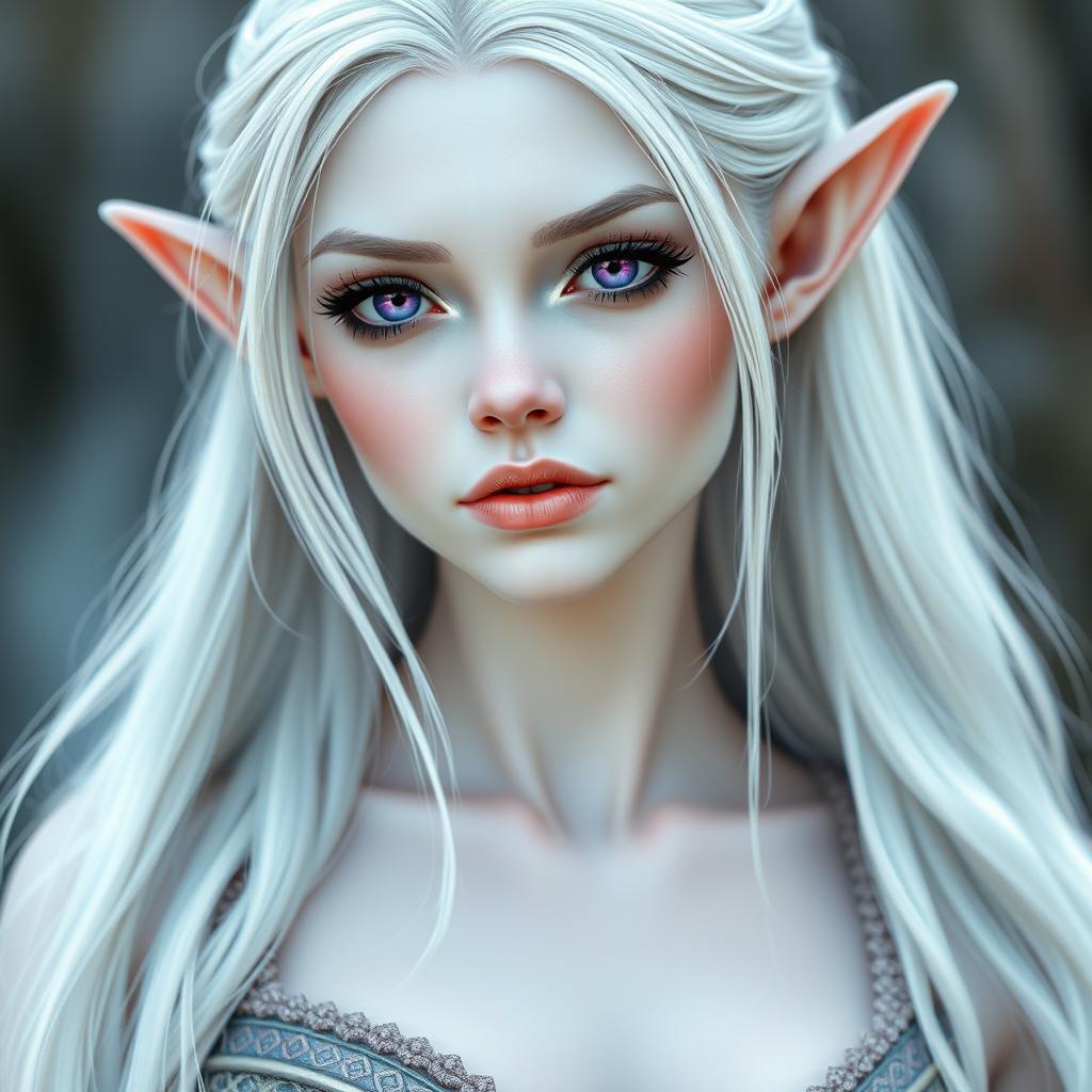 A beautiful elf with pale, almost translucent white skin, showcasing a delicate and fine face