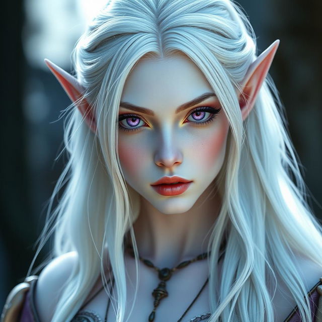 A beautiful elf with pale, almost translucent white skin, showcasing a delicate and fine face