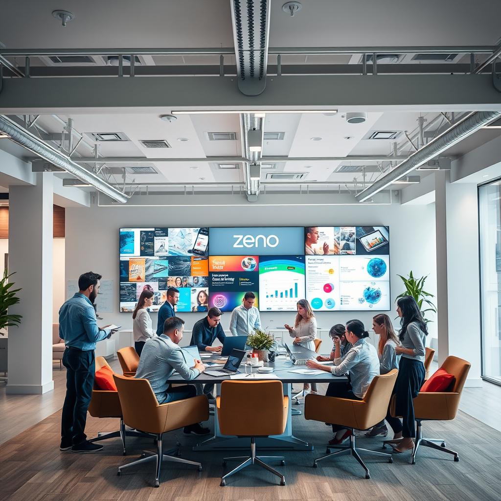 A modern and sleek office environment showcasing Zeno Group, an advertising agency