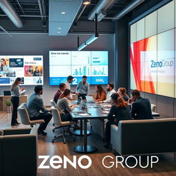 A modern and sleek office environment showcasing Zeno Group, an advertising agency