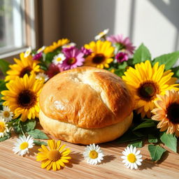 A freshly baked bun sitting on a wooden table, surrounded by a colorful array of flowers