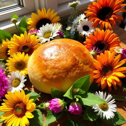 A freshly baked bun sitting on a wooden table, surrounded by a colorful array of flowers