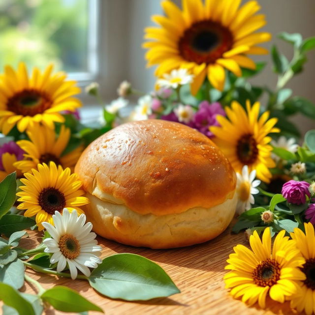 A freshly baked bun sitting on a wooden table, surrounded by a colorful array of flowers