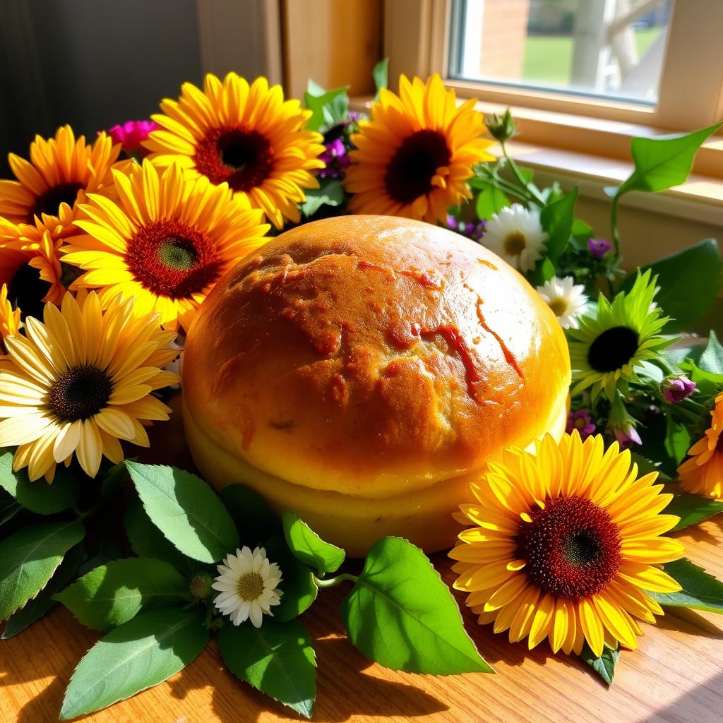 A freshly baked bun sitting on a wooden table, surrounded by a colorful array of flowers