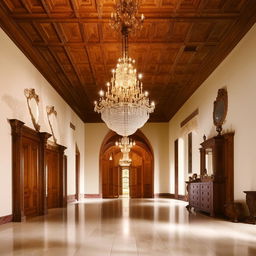 A spacious, elegant hall with high ceilings, ornate chandeliers, antique wooden furniture, and polished marble floors reflecting softer light.