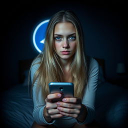 An 18-year-old woman with long blonde hair and striking green eyes is sitting on her bed in a dimly lit bedroom, holding an iPhone in her hand