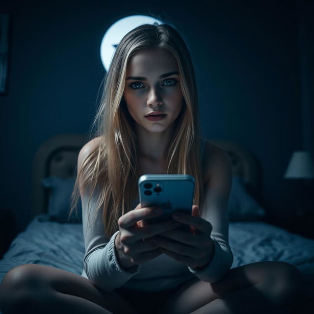 An 18-year-old woman with long blonde hair and striking green eyes is sitting on her bed in a dimly lit bedroom, holding an iPhone in her hand