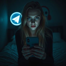 An 18-year-old woman with long blonde hair and striking green eyes is sitting on her bed in a dimly lit bedroom, holding an iPhone in her hand