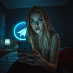 An 18-year-old woman with long blonde hair and striking green eyes is sitting on her bed in a dimly lit bedroom, holding an iPhone in her hand