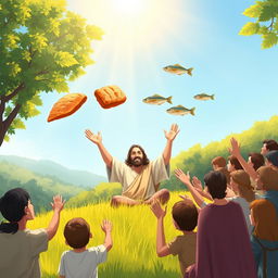 A serene and uplifting illustration of the miracle of the multiplication of loaves and fishes, depicting the moment when Jesus performs the miraculous act