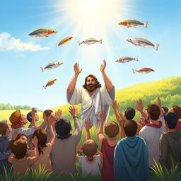 A serene and uplifting illustration of the miracle of the multiplication of loaves and fishes, depicting the moment when Jesus performs the miraculous act