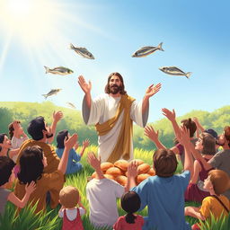 A serene and uplifting illustration of the miracle of the multiplication of loaves and fishes, depicting the moment when Jesus performs the miraculous act