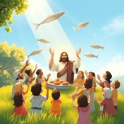 A serene and uplifting illustration of the miracle of the multiplication of loaves and fishes, depicting the moment when Jesus performs the miraculous act