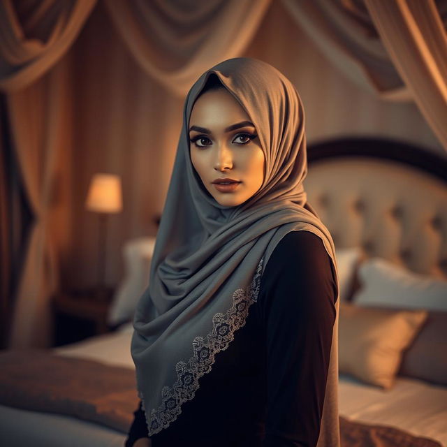 A sensual scene featuring an elegant woman wearing a beautifully designed hijab, exuding confidence and allure