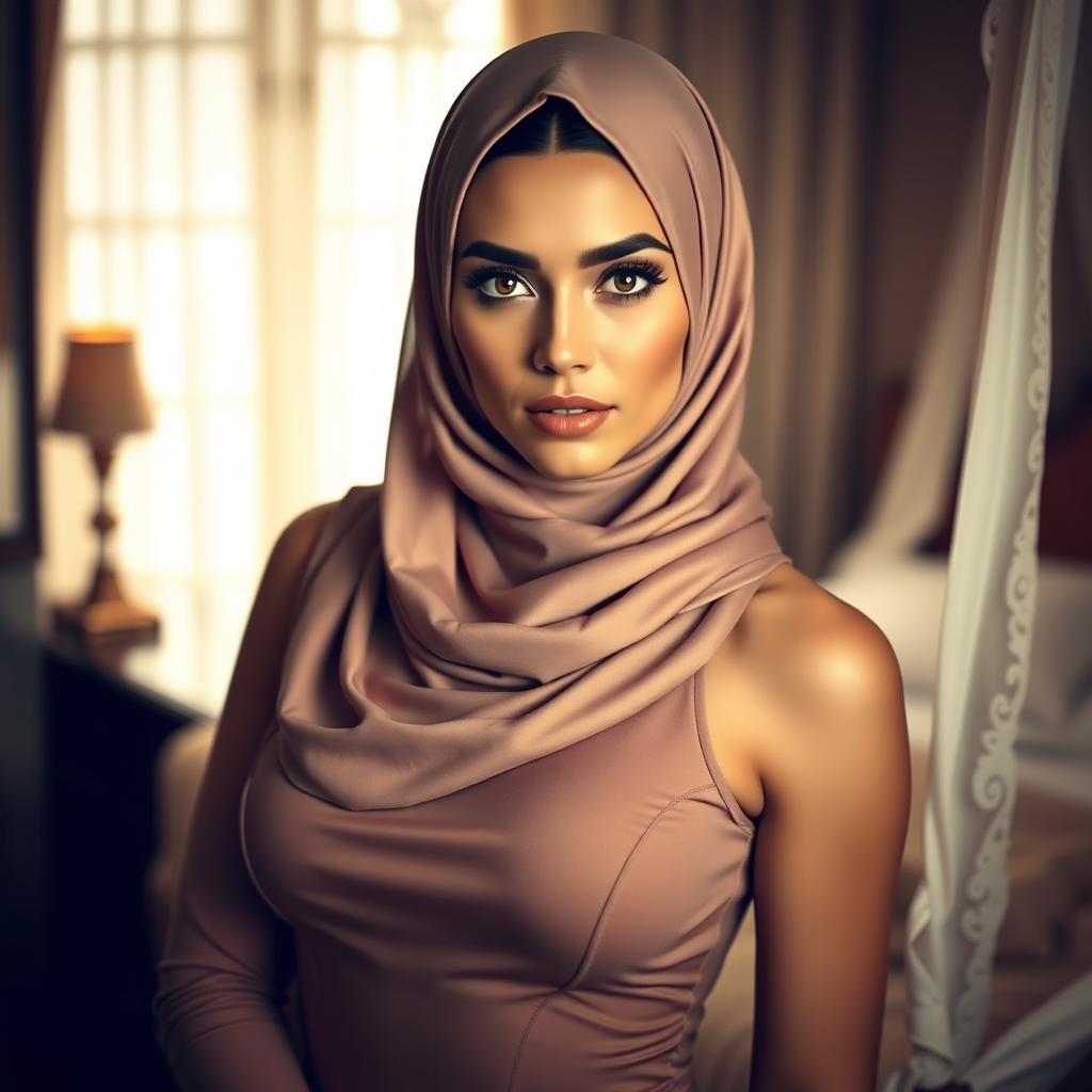 A sensual scene featuring an elegant woman wearing a beautifully designed hijab, exuding confidence and allure