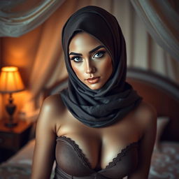 A sensual scene featuring an elegant woman wearing a beautifully designed hijab, exuding confidence and allure
