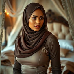 A sensual scene featuring an elegant woman wearing a beautifully designed hijab, exuding confidence and allure