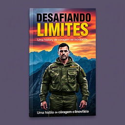 A compelling book cover titled 'Desafiando Limites', featuring a powerful military figure, dressed in a camouflaged uniform, confidently standing at the forefront
