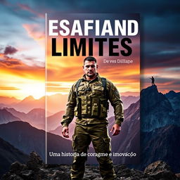 A compelling book cover titled 'Desafiando Limites', featuring a powerful military figure, dressed in a camouflaged uniform, confidently standing at the forefront