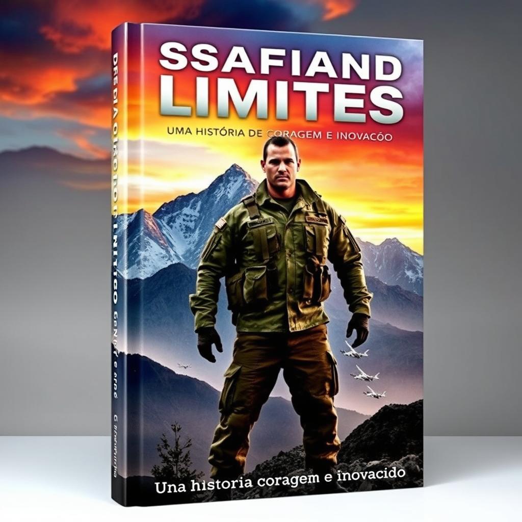 A compelling book cover titled 'Desafiando Limites', featuring a powerful military figure, dressed in a camouflaged uniform, confidently standing at the forefront