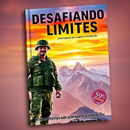 A compelling book cover titled 'Desafiando Limites', featuring a powerful military figure, dressed in a camouflaged uniform, confidently standing at the forefront