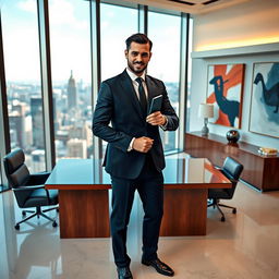 A stunning man dressed in a perfectly tailored dark navy suit, standing confidently in a luxurious, modern office with floor-to-ceiling windows overlooking a bustling city skyline