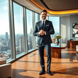 A stunning man dressed in a perfectly tailored dark navy suit, standing confidently in a luxurious, modern office with floor-to-ceiling windows overlooking a bustling city skyline