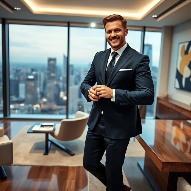 A stunning man dressed in a perfectly tailored dark navy suit, standing confidently in a luxurious, modern office with floor-to-ceiling windows overlooking a bustling city skyline