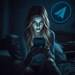A dark-themed horror scene featuring a 17-year-old blonde-haired girl with striking green eyes, sitting on her bed in a dimly-lit bedroom