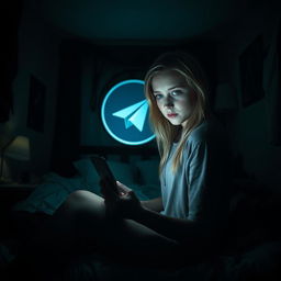 A dark-themed horror scene featuring a 17-year-old blonde-haired girl with striking green eyes, sitting on her bed in a dimly-lit bedroom