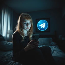 A dark-themed horror scene featuring a 17-year-old blonde-haired girl with striking green eyes, sitting on her bed in a dimly-lit bedroom