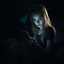 A dark-themed horror scene featuring a 17-year-old blonde-haired girl with striking green eyes, sitting on her bed in a dimly-lit bedroom