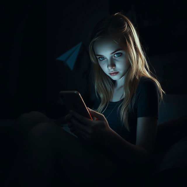 A dark-themed horror scene featuring a 17-year-old blonde-haired girl with striking green eyes, sitting on her bed in a dimly-lit bedroom