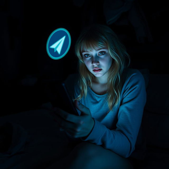 A dark-themed horror scene featuring a 17-year-old blonde-haired girl with captivating green eyes, sitting on her bed in a shadowy, ominous bedroom