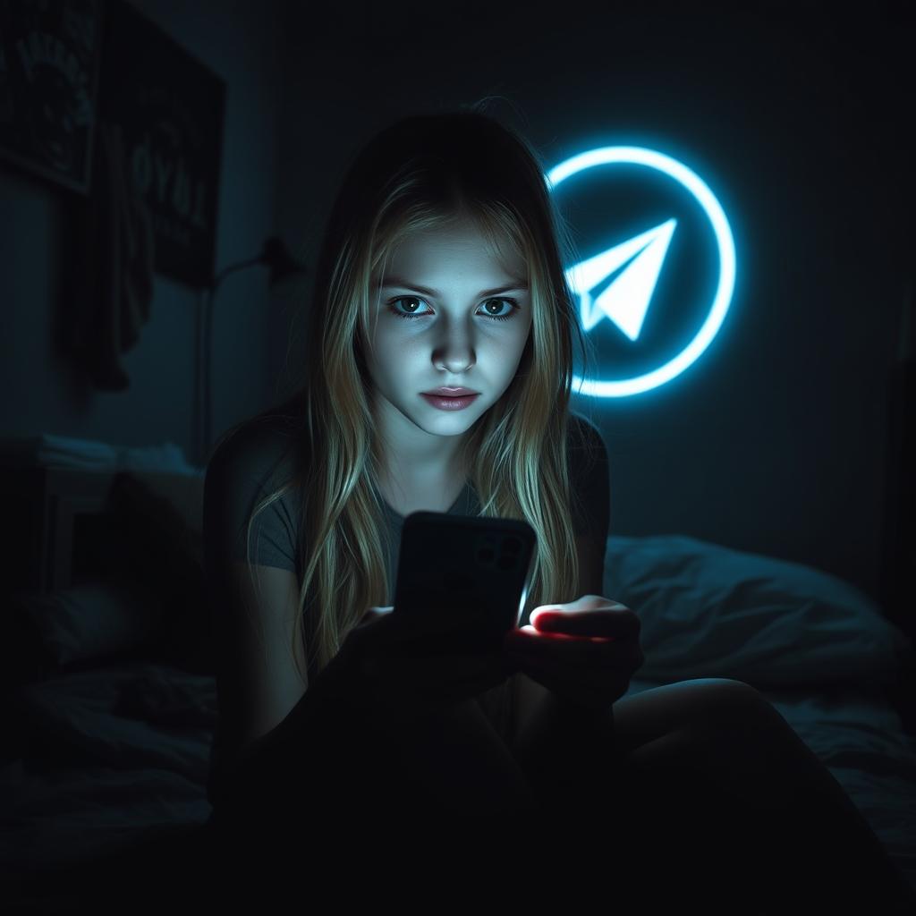 A dark-themed horror scene featuring a 17-year-old blonde-haired girl with captivating green eyes, sitting on her bed in a shadowy, ominous bedroom