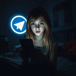 A dark-themed horror scene featuring a 17-year-old blonde-haired girl with captivating green eyes, sitting on her bed in a shadowy, ominous bedroom