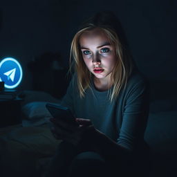 A dark-themed horror scene featuring a 17-year-old blonde-haired girl with captivating green eyes, sitting on her bed in a shadowy, ominous bedroom