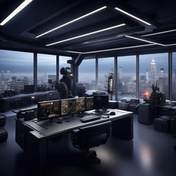 A penthouse office having the aesthetic of a SWAT commander's workspace, inspired by the design elements from the provided website link.