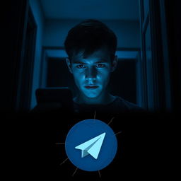 A 17-year-old teenager inside a dimly lit house, illuminated only by the eerie blue glow of his iPhone, his face displaying a look of overwhelming fear