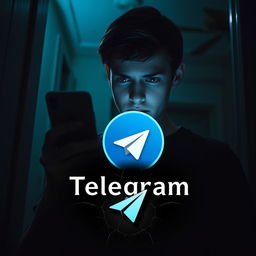 A 17-year-old teenager inside a dimly lit house, illuminated only by the eerie blue glow of his iPhone, his face displaying a look of overwhelming fear