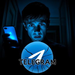 A 17-year-old teenager inside a dimly lit house, illuminated only by the eerie blue glow of his iPhone, his face displaying a look of overwhelming fear