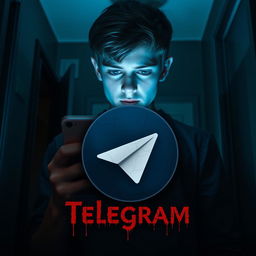A 17-year-old teenager inside a dimly lit house, illuminated only by the eerie blue glow of his iPhone, his face displaying a look of overwhelming fear